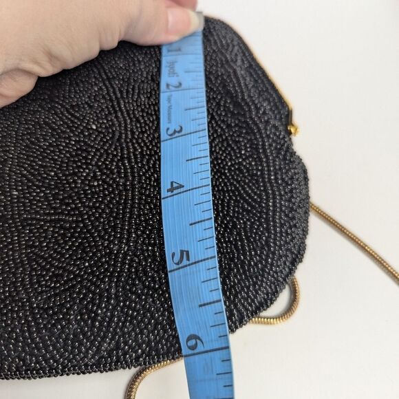 Vintage Black Seed Beaded Clamshell Hinge Crossbody Evening Bag Gold Chain - Picture 5 of 8